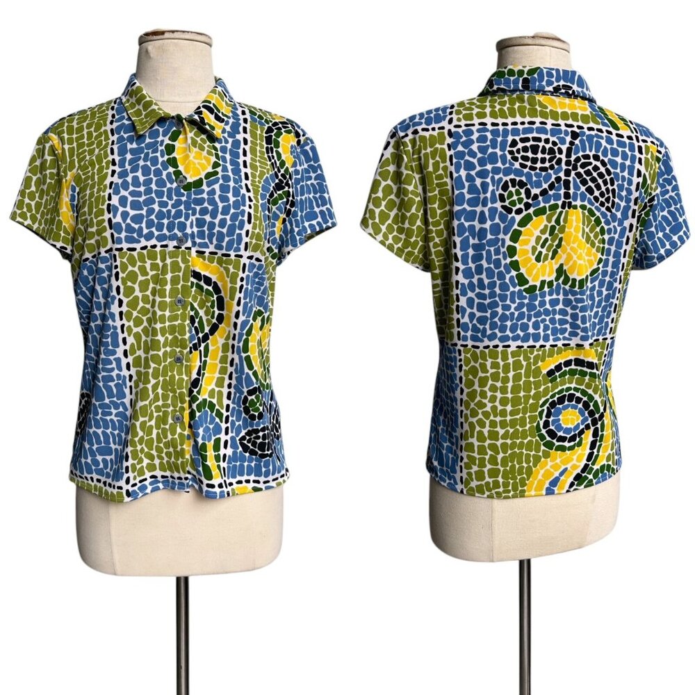 90s Y2K Vintage BCBG Lemon Mosaic Top Novelty Print Short Cap Sleeve Buttonup.